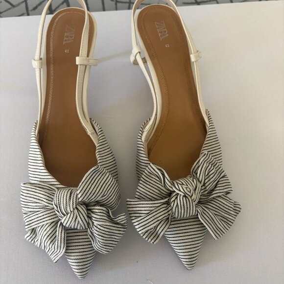 Zara Shoes - ZARA Slingback Striped Bow Pointed Toe Heels Ivory Fabric